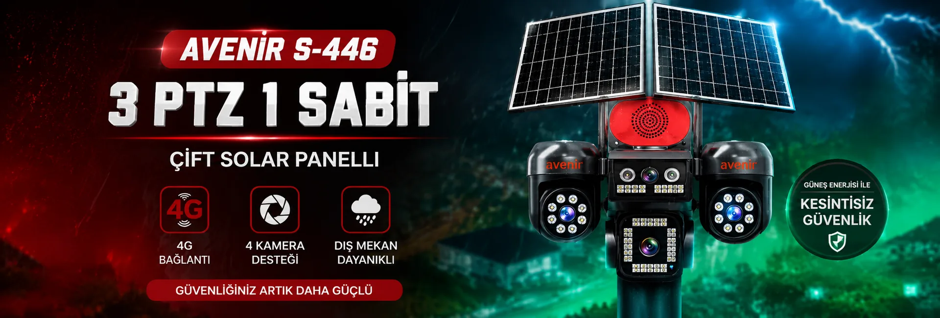 Avenir S-446 – 3 PTZ 1 Sabit çift solar panelli 4G güvenlik kamerası