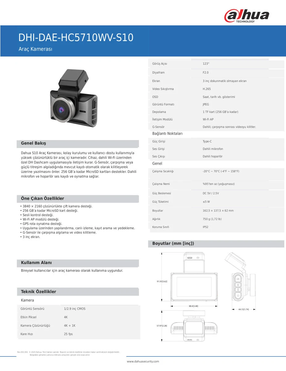 Dahua DHI-DAE-HC5710WV S10 (ARAC ICI KAMERA) Dash Kamera