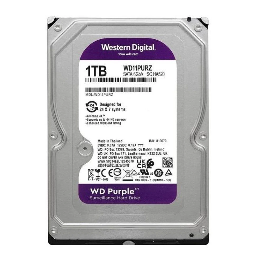 1 TB WD 3.5" Purple SATA3 5400RPM 64MB 7/24 WD11PURZ Güvenlik 3 Yıl Dist Garanti