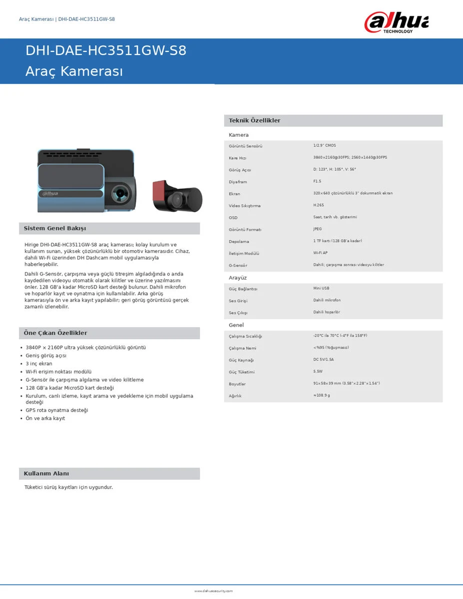 Dahua DHI-DAE-HC3511GW S8 (ARAC ICI KAMERA) Dash Kamera
